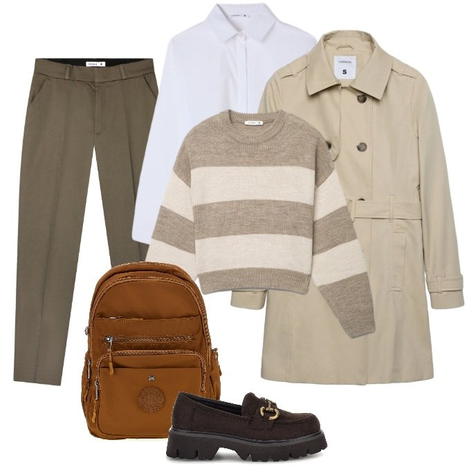 Outfit donna - Autunno: Effortless Chic da Studentessa. Stile Preppy per Scuola/Università. Abbinamento con maglieria, pantaloni chino, trench, camicie, mocassini, zaini.