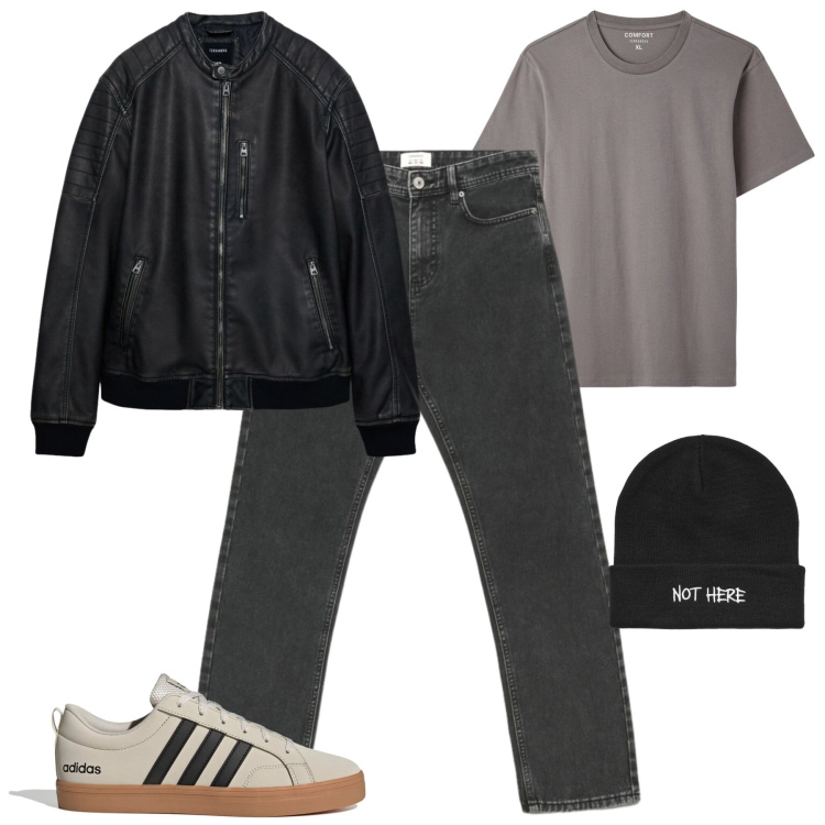 Outfit uomo - Fall. Stile Casual per Tutti i giorni. Abbinamento con giacche, jeans dritti, t-shirt, berretti, sneakers.