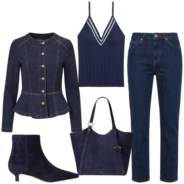 Outfit donna - Total look #2487740. Stile Chic per Serata fuori. Abbinamento con jeans, canottiere, borse tote, stivaletti, blazer.