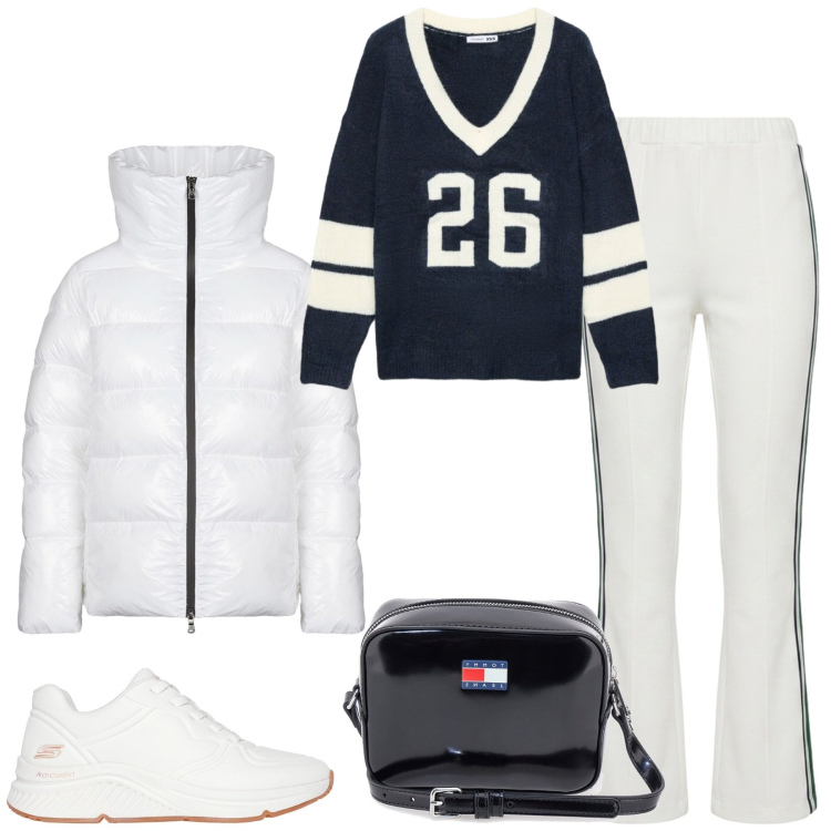 Outfit donna - Total look #2487743. Stile Trendy per Tutti i giorni. Abbinamento con pantaloni, piumini, maglieria, sneakers, borse a tracolla.