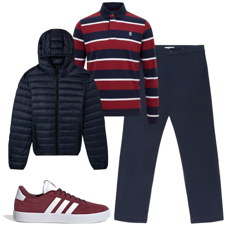 Outfit uomo - Fall. Stile Casual per Tutti i giorni. Abbinamento con giacche, pantaloni chino, polo, sneakers.