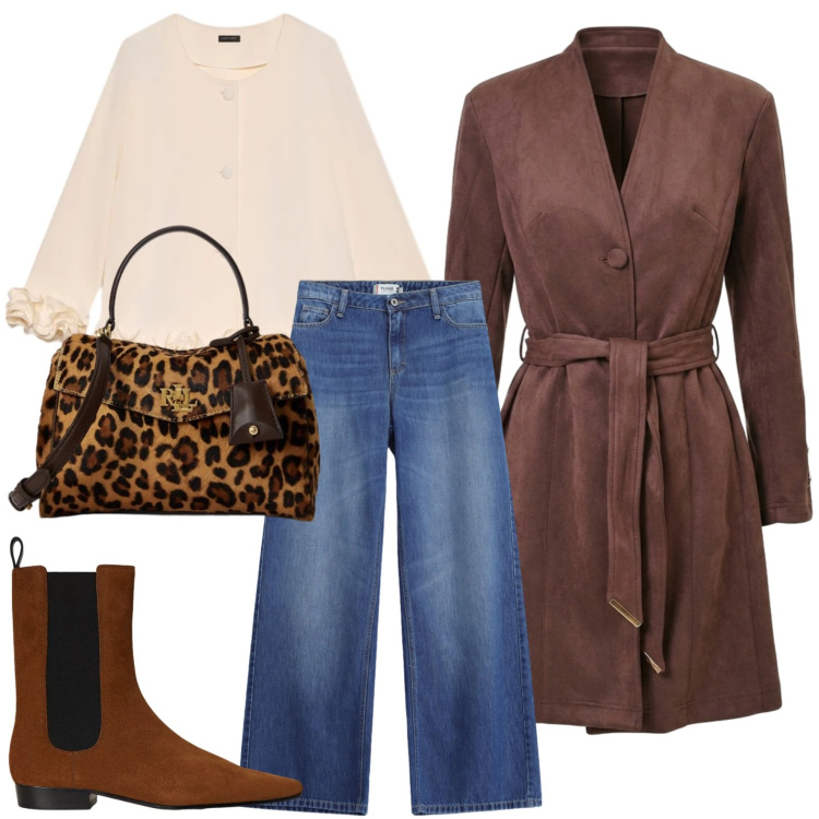 Outfit donna - Trench moka. Stile Casual per Ufficio. Abbinamento con cardigans, stivaletti chelsea, borse a mano, jeans, trench.