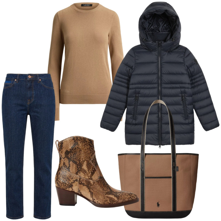 Outfit donna - Pitonato street. Stile Casual per Tutti i giorni. Abbinamento con jeans, stivaletti, borse tote, maglieria, piumini.