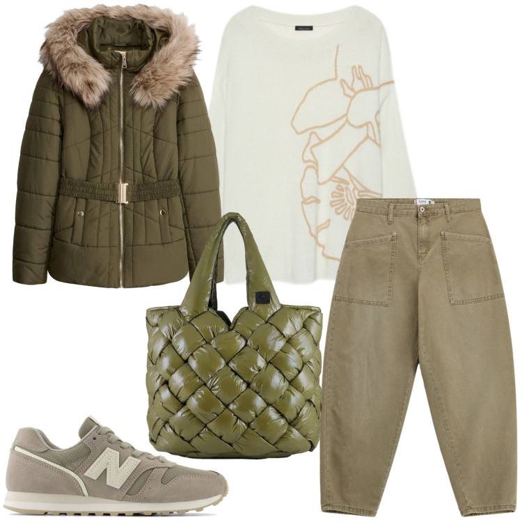 Outfit donna - Tutto il giorno. Stile Casual per Tutti i giorni. Abbinamento con maglieria, pantaloni, borse tote, piumini, sneakers.