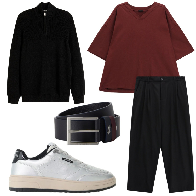 Outfit uomo - Aperitivo informale. Stile Casual per Serata speciale. Abbinamento con cinture, pantaloni, t-shirt, sneakers, maglieria.
