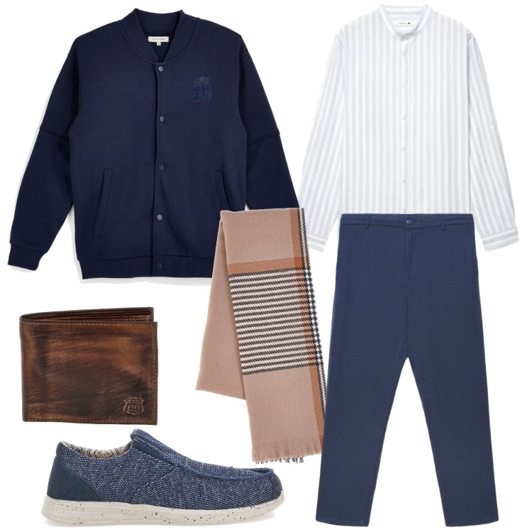Outfit uomo - Pashmina easy. Stile Casual per Tutti i giorni. Abbinamento con camicie, pantaloni, scarpe stringate, portafogli, bomber, sciarpe.