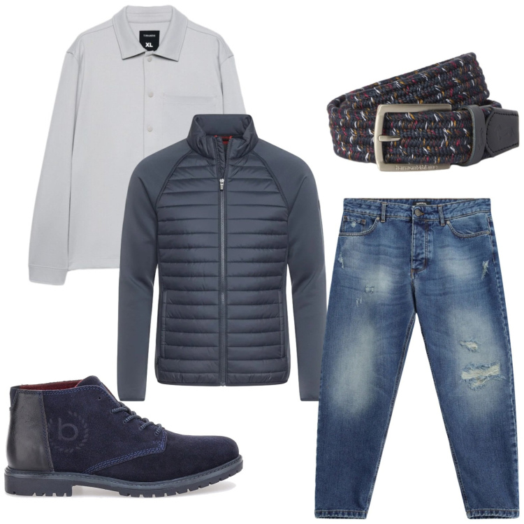 Outfit uomo - Piumino classico. Stile Trendy per Tutti i giorni. Abbinamento con cinture, jeans strappati, camicie, scarpe stringate, piumini.