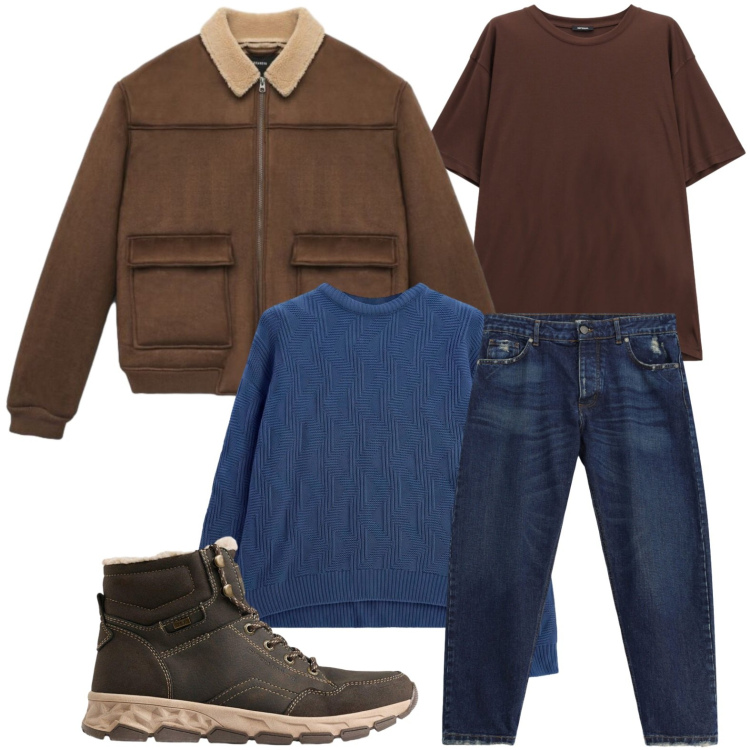 Outfit uomo - Stratificazioni. Stile Casual per Tutti i giorni. Abbinamento con jeans, t-shirt, maglieria, giacche, stivali e stivaletti.