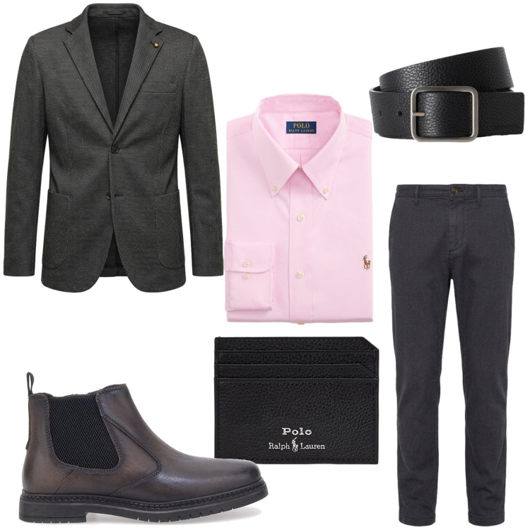 Outfit uomo - Look da ufficio. Stile Trendy per Ufficio. Abbinamento con cinture, pantaloni, giacche, portafogli, camicie, stivali e stivaletti.