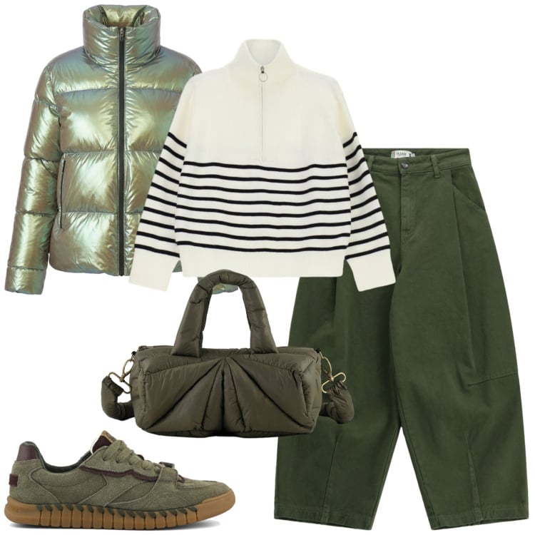 Outfit donna - Total look #2487781. Stile Casual per Tutti i giorni. Abbinamento con maglieria, pantaloni, piumini, borse a mano, sneakers.