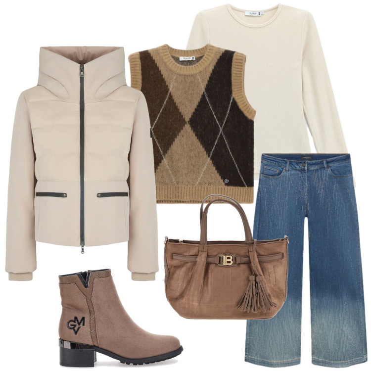 Outfit donna - Urban autunnale. Stile Urban per Ufficio. Abbinamento con maglieria, t-shirt, jeans, piumini, stivaletti, borse a mano.