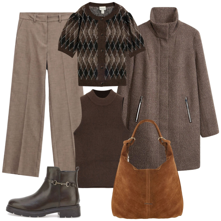 Outfit donna - Total brown per l'ufficio. Stile Casual chic per Ufficio. Abbinamento con pantaloni, borse a spalla, top, cappotti, cardigans, stivaletti.