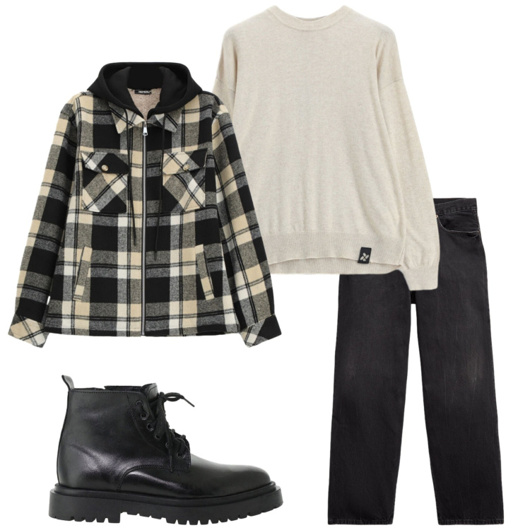Outfit uomo - Giacca scozzese. Stile Trendy per Tutti i giorni. Abbinamento con maglieria, anfibi, cappotti, jeans.