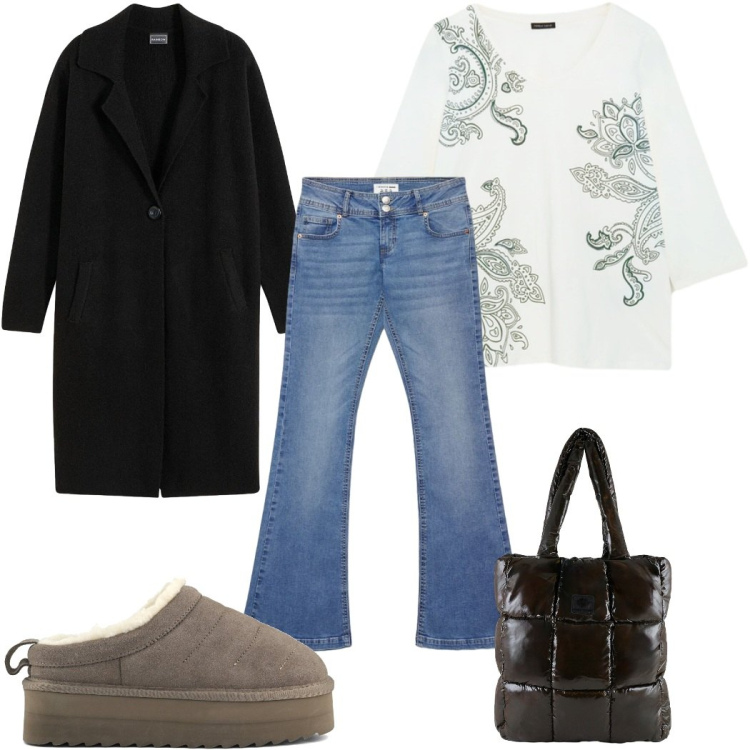 Outfit donna - Total look #2487814. per Tutti i giorni. Abbinamento con t-shirt, shopping bag, jeans a zampa, sabot, cappotti.