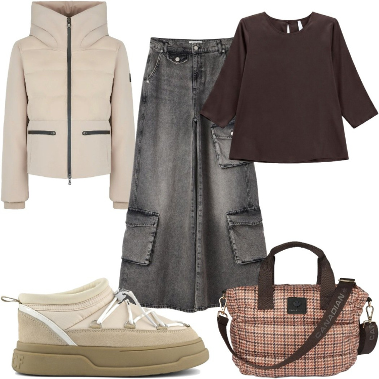 Outfit donna - Total look #2487815. Stile Casual per Tutti i giorni. Abbinamento con bluse, piumini, borse tote, jeans, stivaletti.