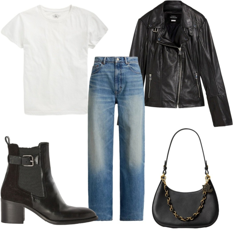 Outfit donna - Total look #2487816. Stile Rock per Tutti i giorni. Abbinamento con giacche, stivaletti, t-shirt, borse a spalla, jeans.