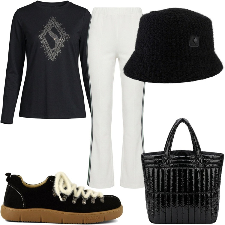 Outfit donna - Total look #2487821. Stile Trendy per Tutti i giorni. Abbinamento con pantaloni, cappelli, borse a mano, t-shirt, sneakers.