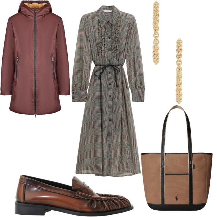 Outfit donna - Total look #2487822. Stile Minimal per Tutti i giorni. Abbinamento con mocassini, vestiti midi/longuette, borse tote, orecchini, parka.