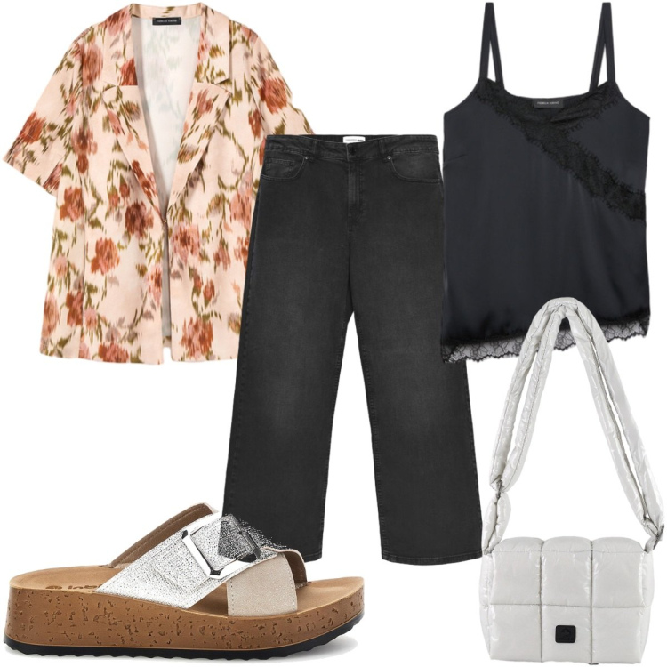 Outfit donna - Total look #2487823. Stile Trendy per Tutti i giorni. Abbinamento con top, blazer, borse a spalla, jeans, ciabatte.