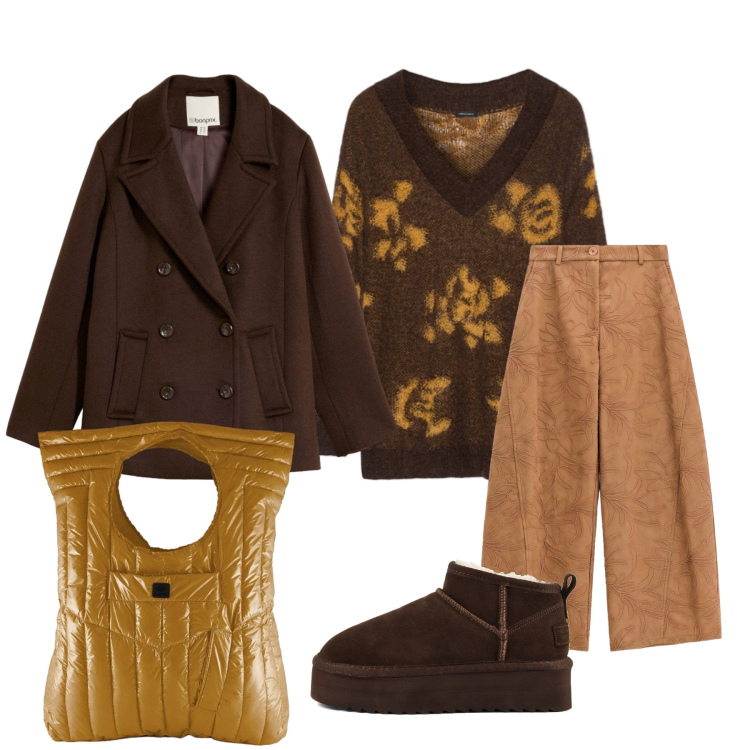 Outfit donna - Colori della Terra. Stile Minimal per Tutti i giorni. Abbinamento con pantaloni a palazzo, maglieria, borse a mano, caban, stivaletti.