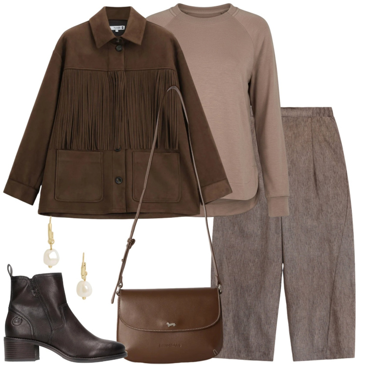 Outfit donna - La giacca con le frange. Stile Etnico per Scuola/Università. Abbinamento con borse a tracolla, orecchini, cappotti, pantaloni a palazzo, felpe, stivaletti.
