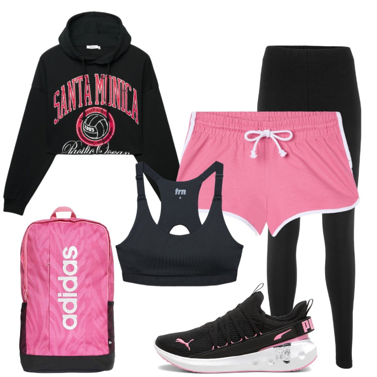 Outfit donna - In palestra con leggins e pantaloncini. Stile Basic per Sport. Abbinamento con top sportivi, felpe con cappuccio, pantaloncini sportivi, scarpe sportive, leggings, zaini.