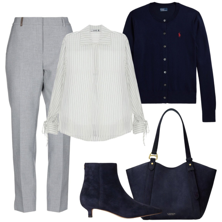 Outfit donna - Blu/grigio. Stile Basic per Serata fuori. Abbinamento con borse tote, stivaletti, cardigans, camicie, pantaloni.