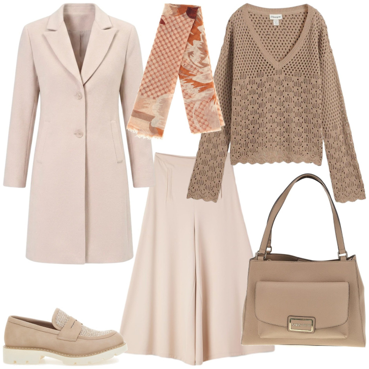 Outfit donna - Sfumature tenui di ottobre. Stile Casual chic per Tutti i giorni. Abbinamento con maglieria, pantaloni, cappotti, borse a spalla, mocassini, foulard.
