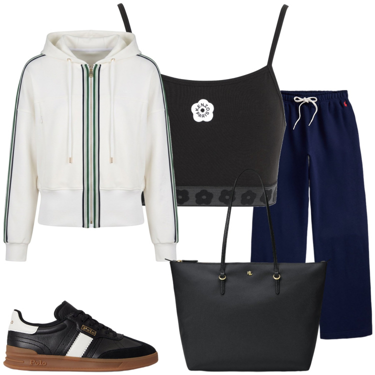 Outfit donna - Total look #2487853. Stile Sporty chic per Tutti i giorni. Abbinamento con felpe sportive, borse tote, sneakers, pantaloni sportivi, top sportivi.