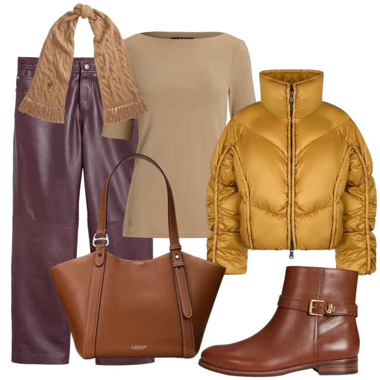 Outfit donna - Total look #2487855. Stile Chic per Tutti i giorni. Abbinamento con t-shirt, borse tote, stivaletti, sciarpe, piumini, pantaloni.