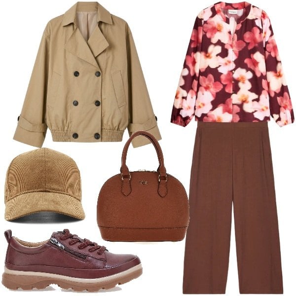 Outfit donna - Se dovesse piovere. Stile Casual chic per Tutti i giorni. Abbinamento con bluse, trench, pantaloni, cappelli con visiera, scarpe stringate, borse a mano.