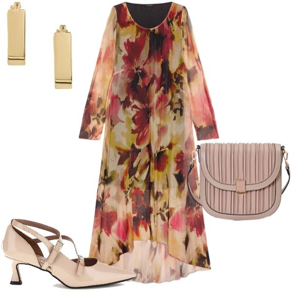 Outfit donna - Cerimonia in fiore. Stile Romantica per Cerimonia. Abbinamento con vestiti lunghi, orecchini, borse a tracolla, décolleté.