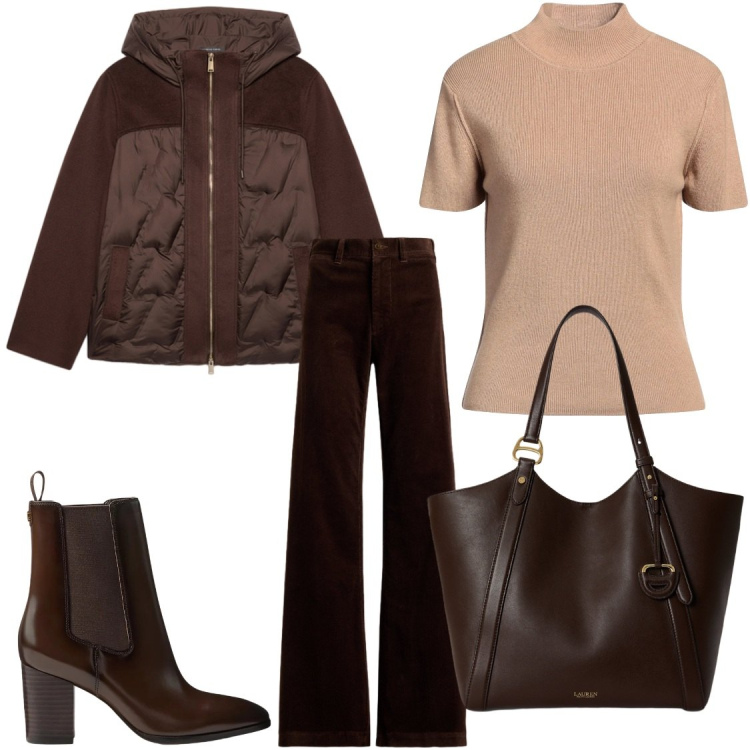 Outfit donna - Look office. Stile Chic per Ufficio. Abbinamento con piumini, pantaloni, stivaletti, borse tote, maglieria.