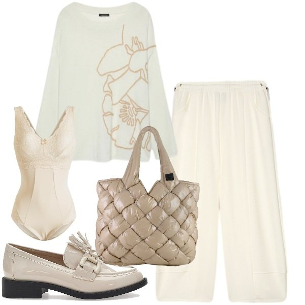 Outfit donna - il panna che illumina. Stile Trendy per Tutti i giorni. Abbinamento con pantaloni, maglieria, borse tote, mocassini, body.
