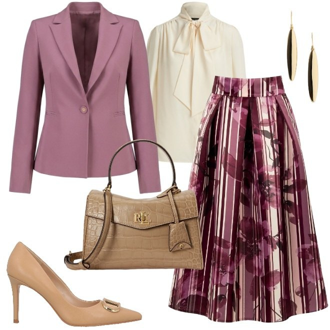 Outfit donna - Toni del malva. Stile Chic per Serata fuori. Abbinamento con camicie, borse a mano, orecchini, gonne longuette, blazer, décolleté.