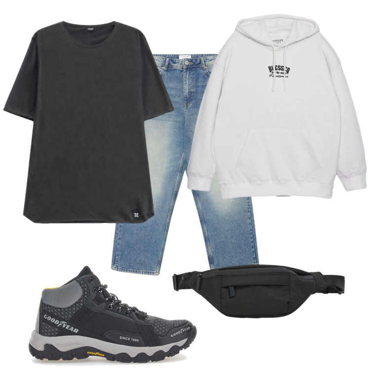Outfit uomo - Total look #2487877. Stile Urban per Tutti i giorni. Abbinamento con t-shirt, jeans dritti, felpe con cappuccio, borse sportive, stivali e stivaletti.