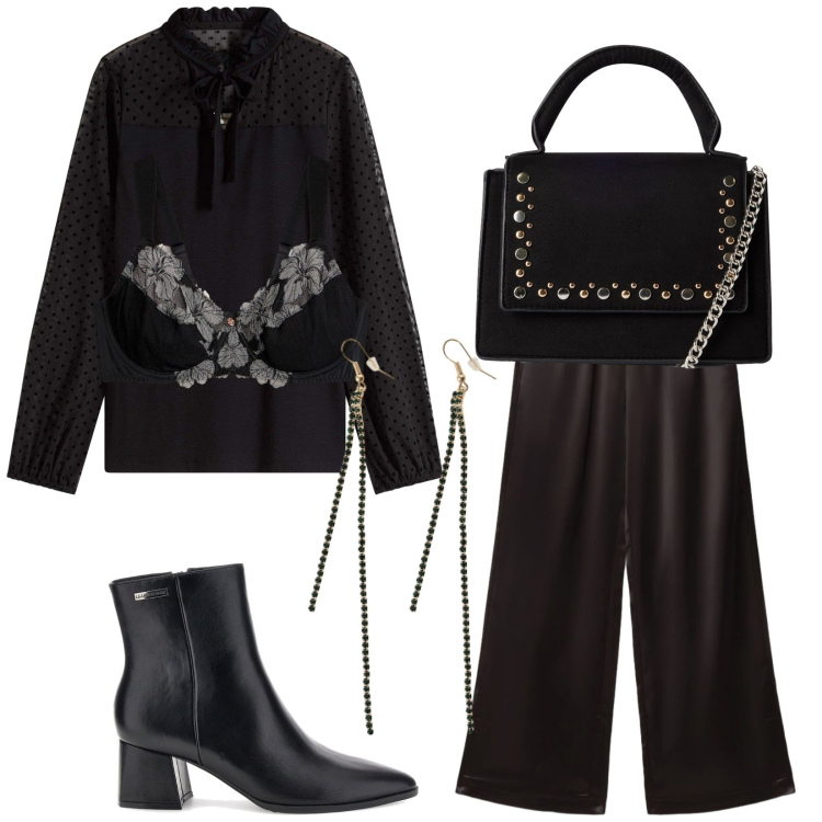 Outfit donna - Serata Gilmore. Stile Vintage retrò per Serata fuori. Abbinamento con orecchini, pantaloni a palazzo, borse a tracolla, bluse, stivaletti, reggiseni.