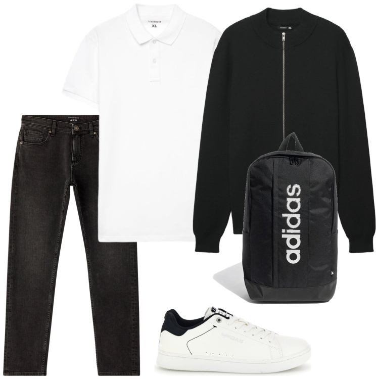 Outfit uomo - Basic. Stile Casual per Tutti i giorni. Abbinamento con jeans, cardigans, polo, borse sportive, sneakers.