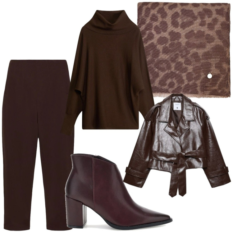 Outfit donna - Marrone mood. Stile Chic per Ufficio. Abbinamento con sciarpe, trench, pantaloni, pullovers, stivaletti.