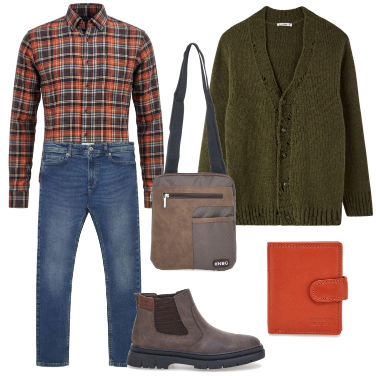 Outfit uomo - Total look #2487885. Stile Trendy per Tutti i giorni. Abbinamento con cardigans, jeans skinny, camicie, borse sportive, portafogli, stivali e stivaletti.