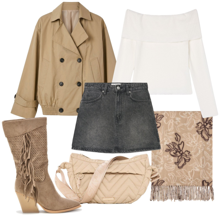 Outfit donna - Ottobre. Stile Casual per Tutti i giorni. Abbinamento con sciarpe, trench, maglieria, minigonne, stivaletti texani, marsupi.