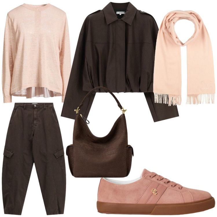 Outfit donna - La mia domenica in comfort. Stile Casual chic per Tutti i giorni. Abbinamento con sneakers, borse a spalla, pantaloni cargo, bomber, pullovers, sciarpe.