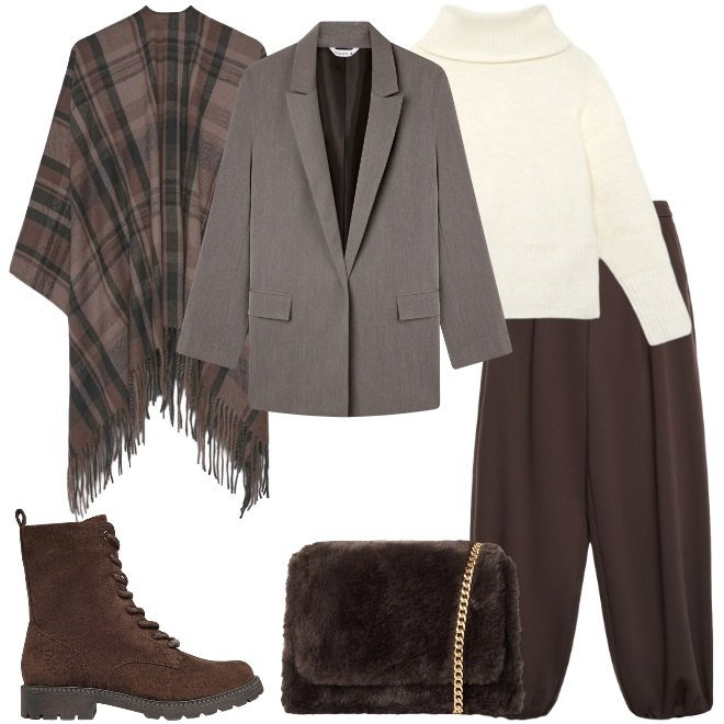 Outfit donna - A strati per la comodità. Stile Casual chic per Tutti i giorni. Abbinamento con blazer, cappe, pantaloni, borse a tracolla, pullovers, anfibi.