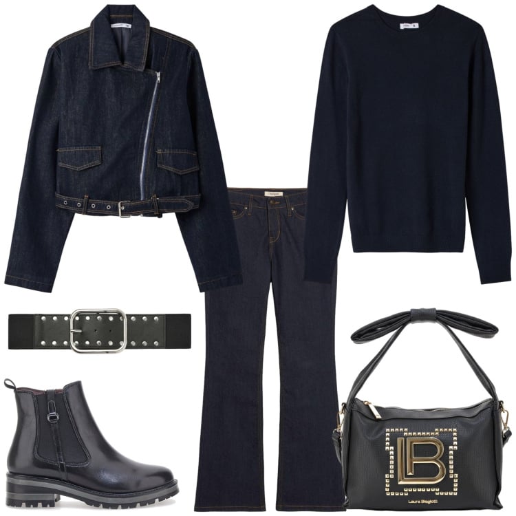 Outfit donna - Blu notte e nero. Stile Rock per Tutti i giorni. Abbinamento con jeans bootcut, cinture, cappotti, maglieria, stivaletti chelsea, borse a mano.