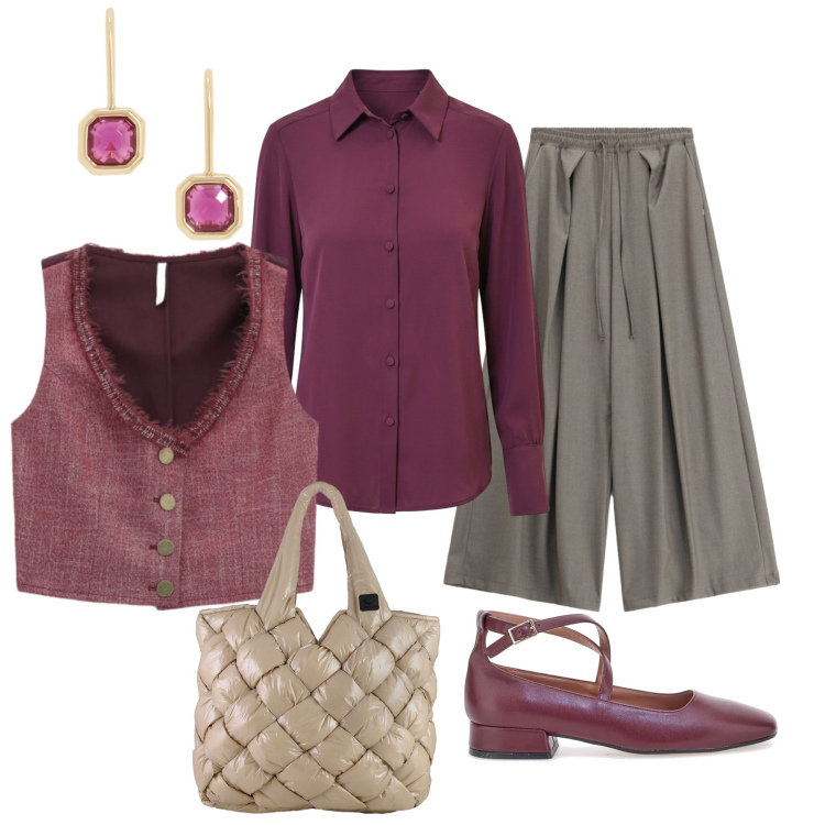 Outfit donna - In città. Stile Casual chic per Tutti i giorni. Abbinamento con gilet, orecchini, pantaloni a palazzo, camicie, borse tote, ballerine.