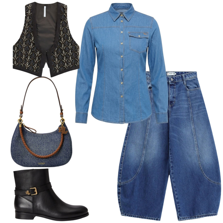Outfit donna - Total look #2487902. Stile Urban per Tutti i giorni. Abbinamento con camicie, gilet, stivaletti, borse a spalla, jeans.