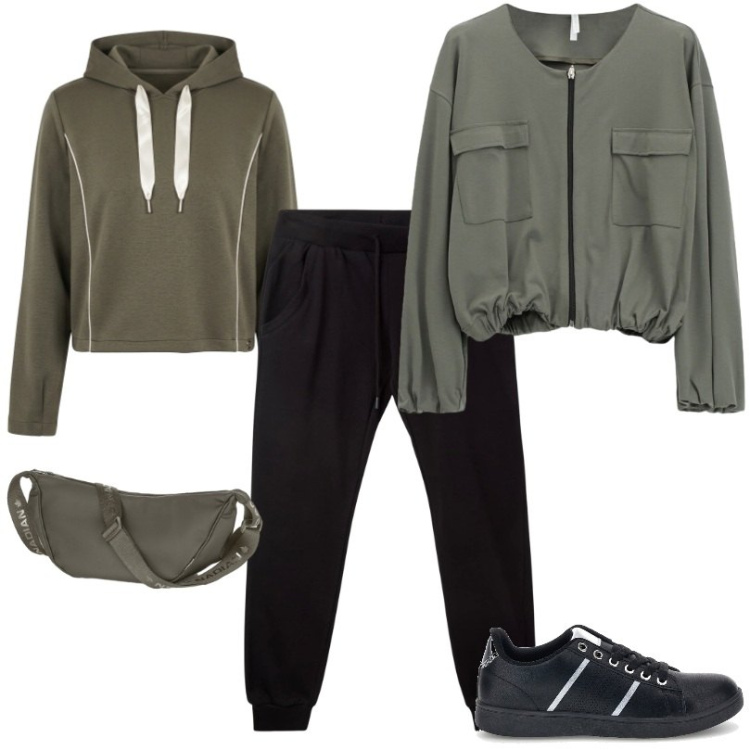 Outfit donna - Uscite sportive. Stile Casual per Tutti i giorni. Abbinamento con bomber, felpe con cappuccio, borse a tracolla, pantaloni, sneakers.