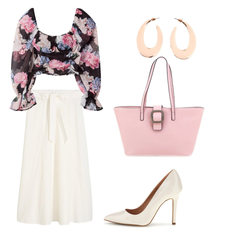Outfit donna - Total look #2487923. Stile Romantica per Tutti i giorni. Abbinamento con bluse, borse a spalla, décolleté, gonne longuette, orecchini.