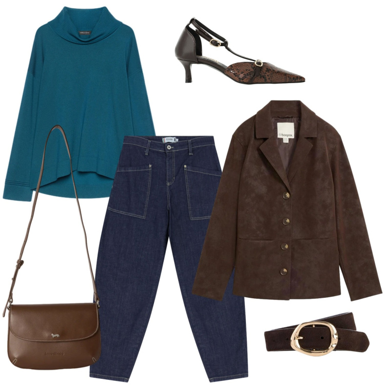 Outfit donna - Profondità e raffinatezza. Stile Minimal per Ufficio. Abbinamento con borse a tracolla, décolleté, pullovers, jeans, blazer, cinture.