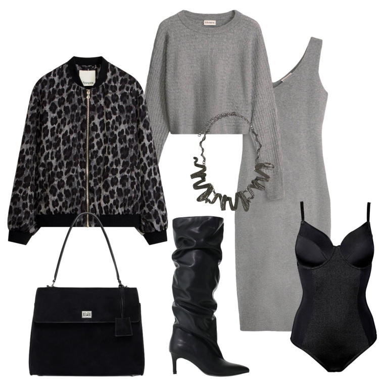 Outfit donna - Sensuale con un tocco di grinta. Stile Sexy per Serata fuori. Abbinamento con stivali, ciondoli, borse a mano, vestiti, body, bomber.